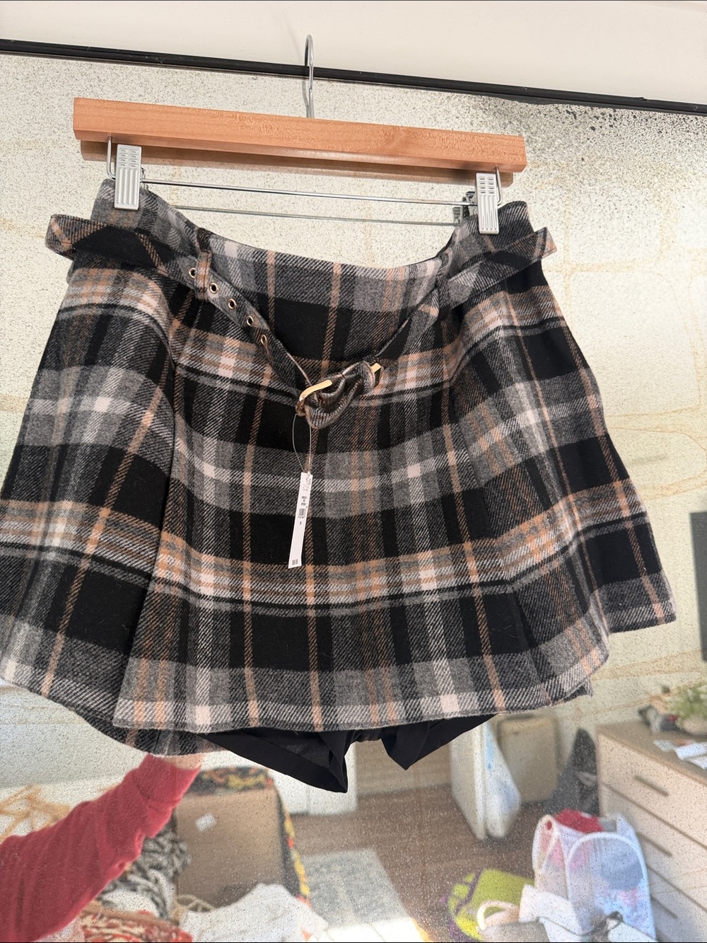 GAP Plaid Mini Skort with Belt - Black, Gray & Tan